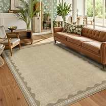 Haperlare Scalloped Modern Solid Area Rugs, 5x7 Machine Washable Rug Contemporary Bordered Rug Non Slip Non Shedding Indoor Carpet for Living Room Bedroom Office, Linen