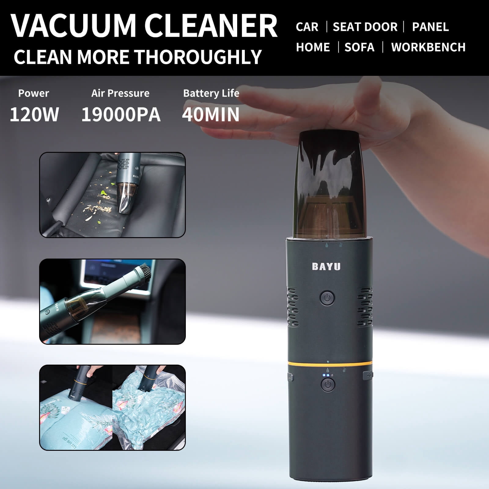 BAYU 4 in 1 Car Smart Kit, 19000PA Car Vacuum Cleaner, 200PSI Cordless Pressure Washer, 150PSI Tire Inflator Portable Air Compressor, 15000mAh Wireless Portable Charger for Car, Bike, Motor