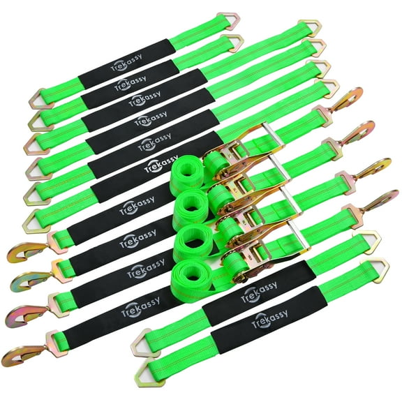 Trekassy 8 Pack Axle Straps 4 Pack Car Trailer Hauler Ratchet Tie Down Straps for Car, Truck, UTV with Snap Hooks Green 10000 lb