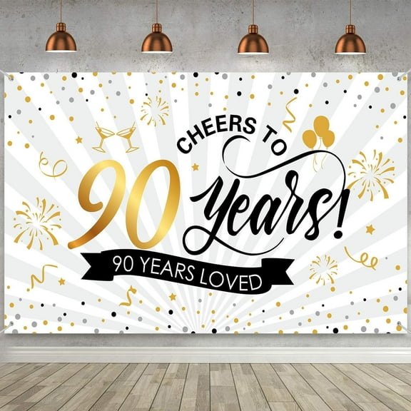 Happy 90th Birthday Backdrop Background Banner Large Men Women 90th Anniversary Backdrop Photo Booth Cheers to 90 Years Banner for 90th Birthday Party Decorations Supplies