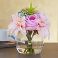 thumbnail image 2 of Enova Home Artificial Flowers Mixed Silk Roses and Dahlia Fake Flowers Arrangement in Round Glass Vase with Faux Water for Home Office Wedding Decoration (Pink), 2 of 3
