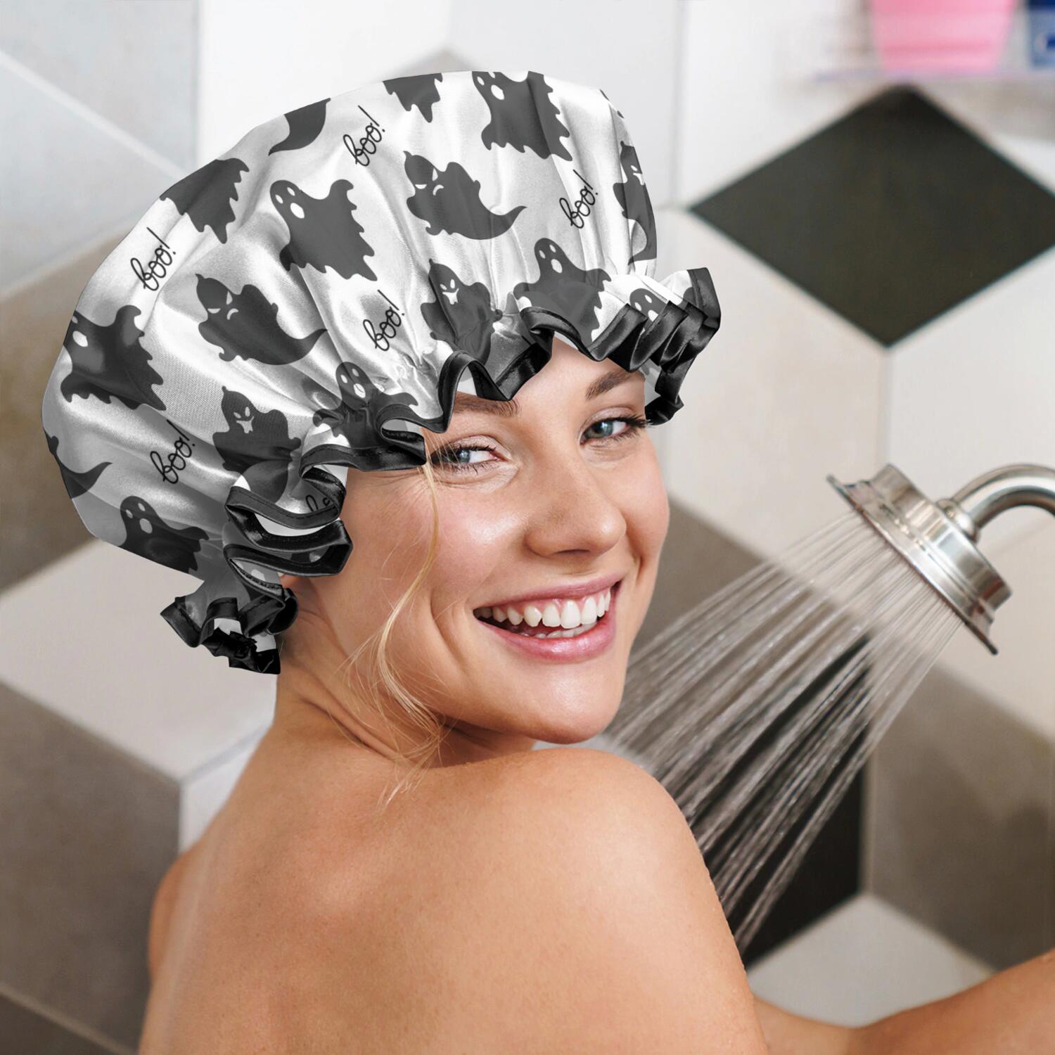 Shower Caps,Halloween Black Ghosts with Boo Waterproof Shower Cap for Women 4 Pieces,Double Reusable Hair Cover for Shower PEVA Elastic Stretch Hem