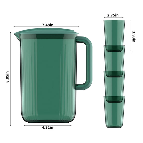 Rkxzt Storage Rack Plastic Water Pitcher with Lid and 4 Cups 2L Capacity BPA Free Nesting Drinking Glasses Set for Iced Tea and Lemonade Kitchen
