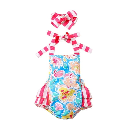 

Little Girl Clothes Size 7-8 Baby Girls Sleeveless Flower Print Striped Romper Bodysuit With Headbands 2PCS Set