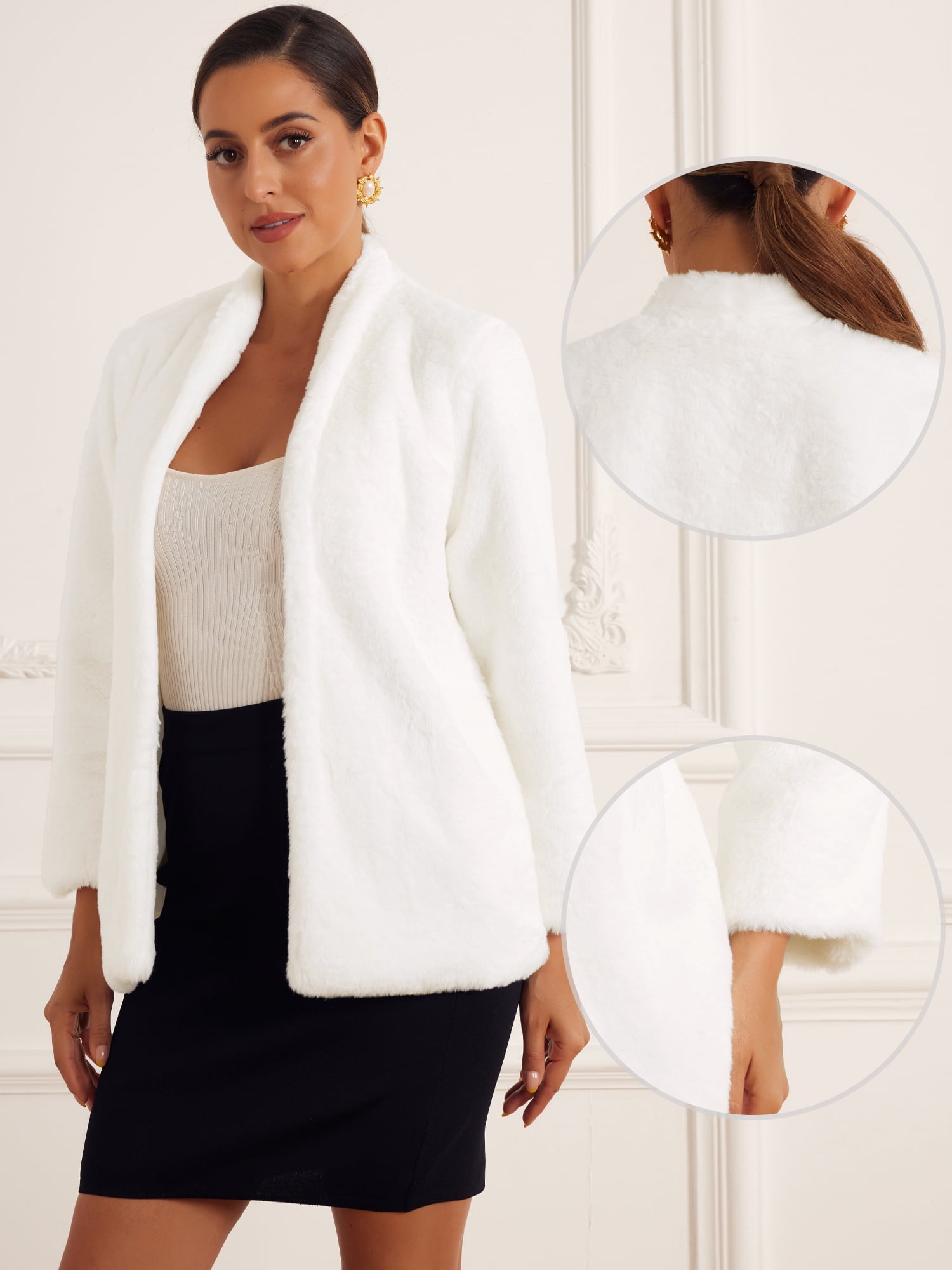 DARING DIVA Women's Long Sleeve Open Front Fluffy Outerwear Coats M White