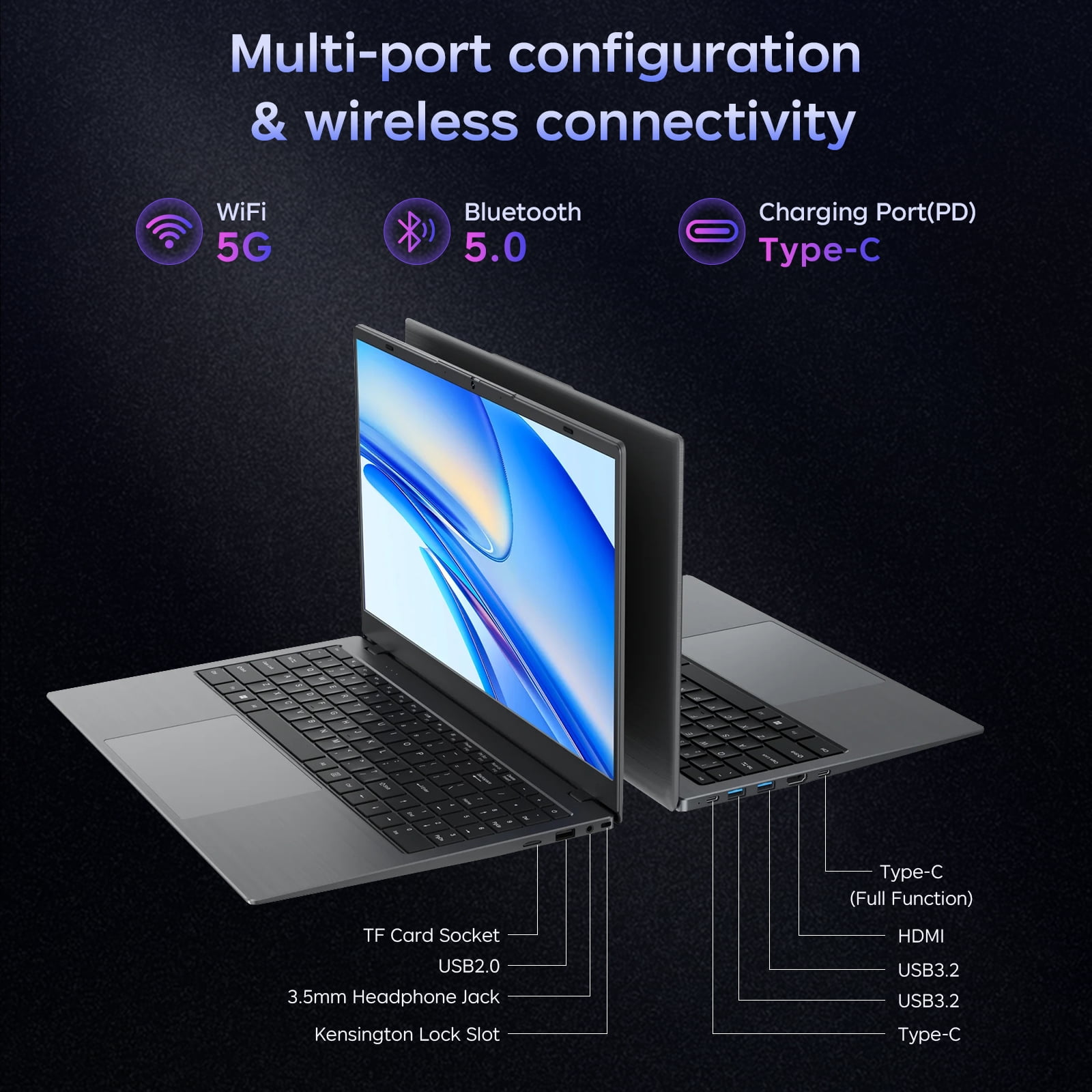 HYYUO 15.6" Laptop Computer, 16GB RAM 256GB SSD, Intel 6500Y with 2 Cores Up to 3.4GHz, FHD Display, Office 2024, Laptop for Business, Student, Office, Dark Gray, Windows 11 Laptop