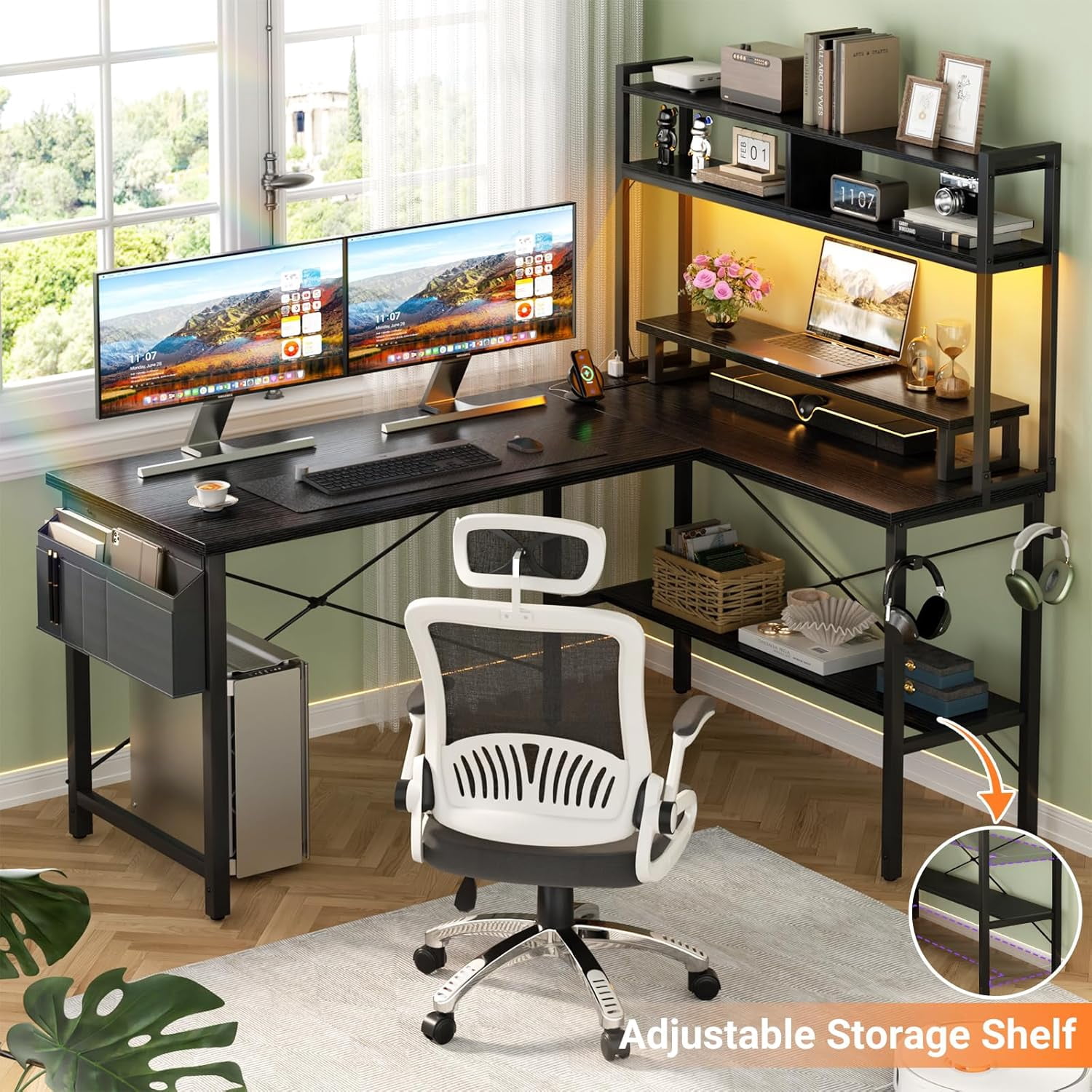Homieasy L Shaped Gaming Desk with Power Outlets & LED Lights, Small L- Shaped Desk Computer Corner Desk with Monitor Stand & Storage Shelf, Home Office Desk Writing Desk with Storage Bag, Black