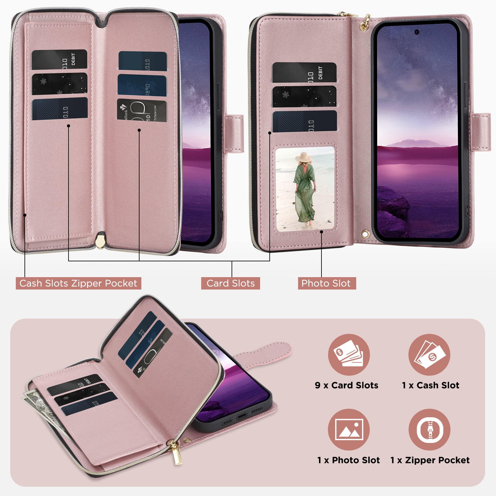 for Samsung Galaxy A26 5G Crossbody Wallet Case with 9 Card Holders, Cash Slot, Photo Slot, Zipper Pocket PU Leather Magnetic Snap Wallet Phone Case with Flip Stand & Wrist Strap & Lanyard, Rosegold