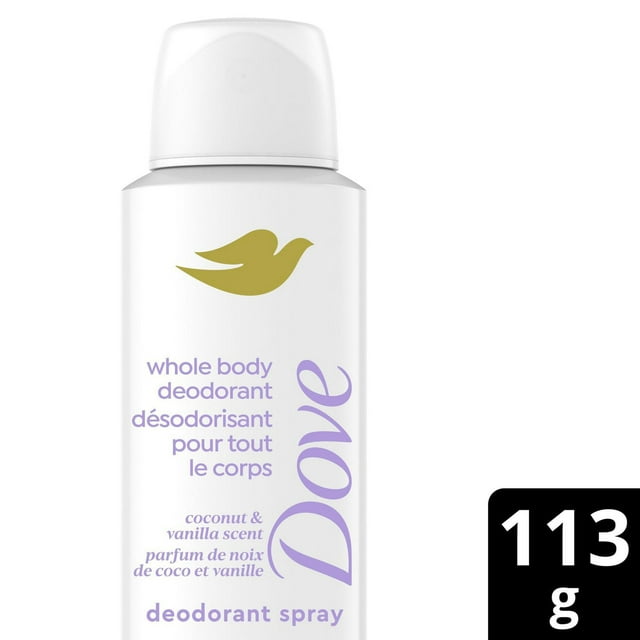 sans aluminium en vaporisateur sec rafraîchissant, Dove Déodorant corporel entier parfum noix de coco et vanille 72 heures de protection anti-odeurs 113 g