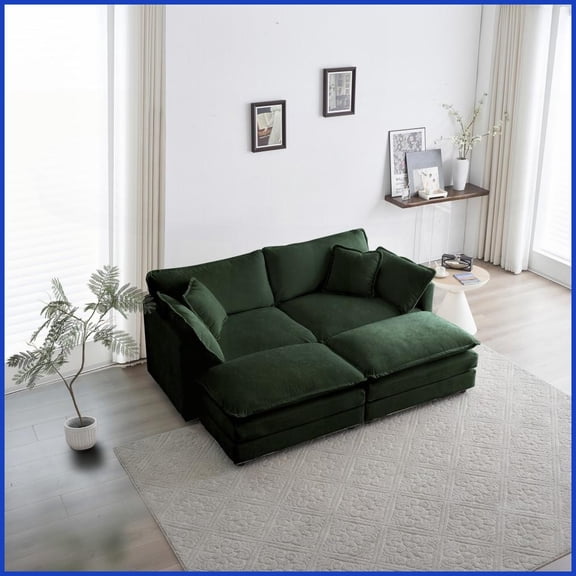 Green Chenille 4-Piece Modular Sectional Sofa with Ottomans – Modern Living Room Comfort