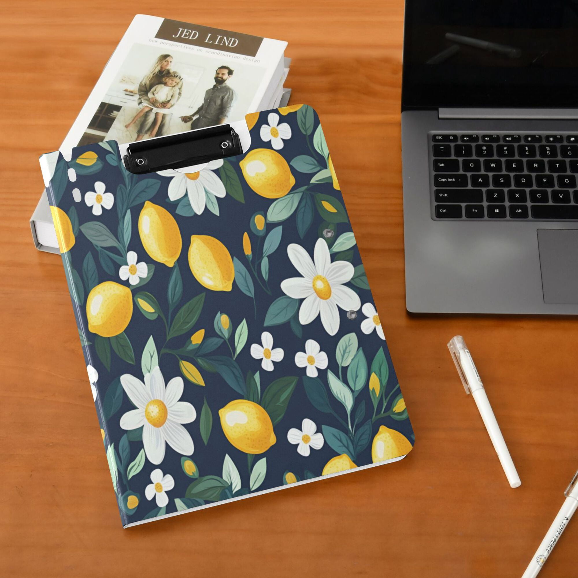 FORMRS A4 Clipboard Folder with Pen Holder Horizontal Foldable School Office Binder, Lemon Flowers