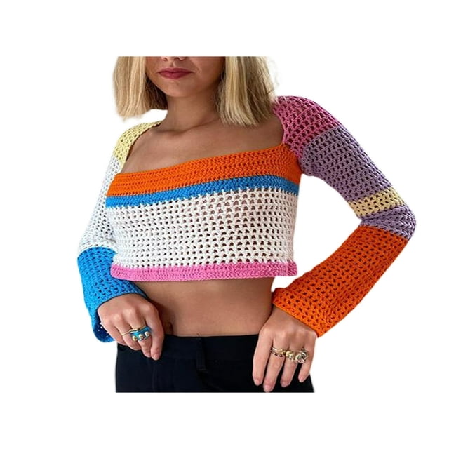 POINTERTECK Women Crochet Knit Crop Tops Summer Long Sleeve Color Block Hollow Out Loose Fit T-Shirts