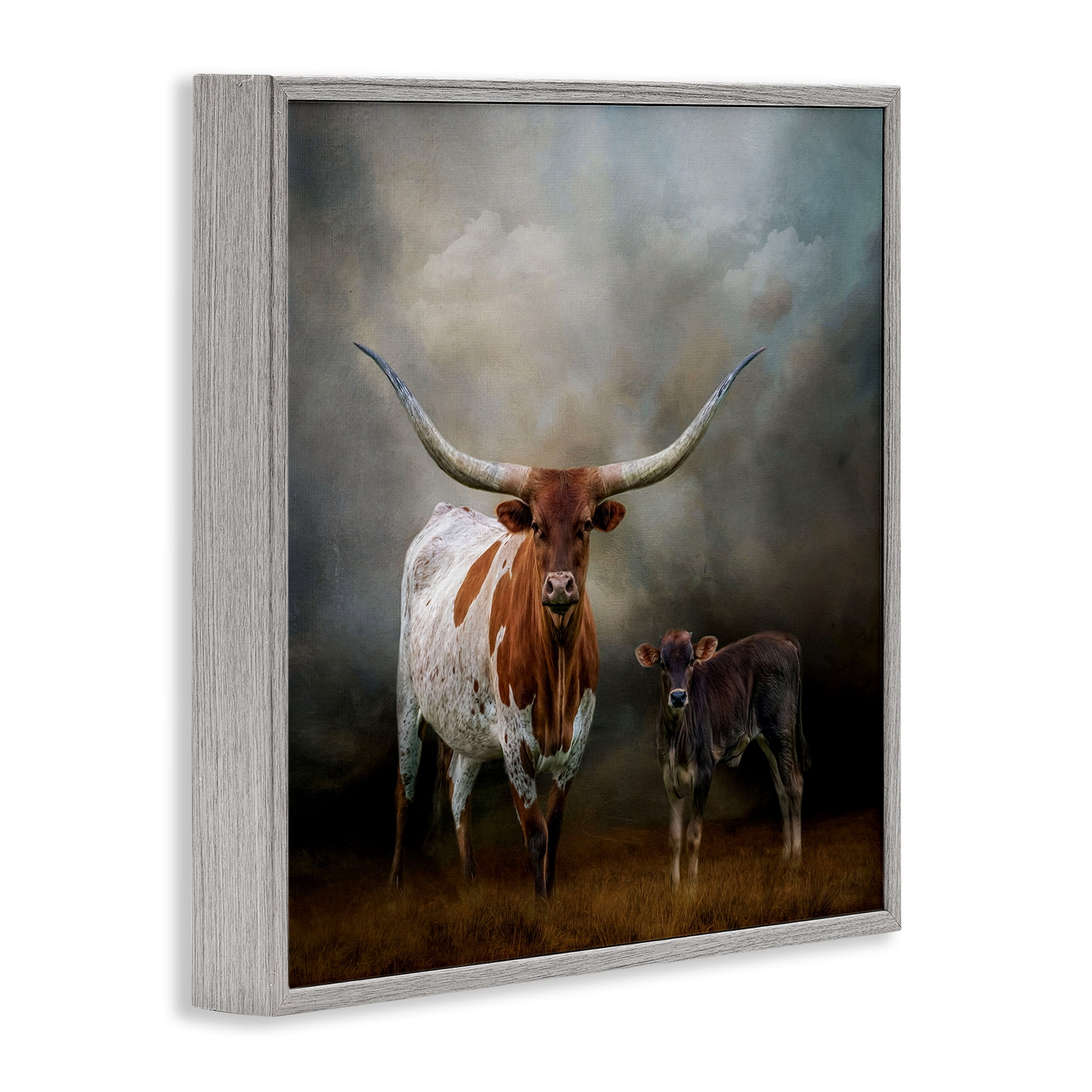 Stupell Industries Longhorn & Calf Babysitter Animals & Insects Painting Gray Framed Art Print Wall Art, 17 x 17