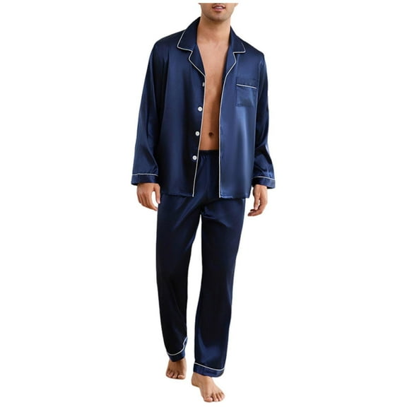 PRINxy Men's Satin Silky Pajamas Sets Long Sleeve Lapel Shirt and Elastic Waist Straight Pant Sofy Comfy Sleepwear Set Solid Button Down Loungewear Sets Navy XL