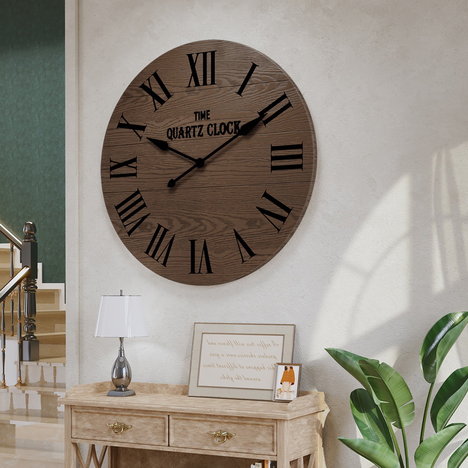 HLR 35.5” Farmhouse Large Shiplap Round Wall Clock with Roman Numeral for Living Room Decor, Brown