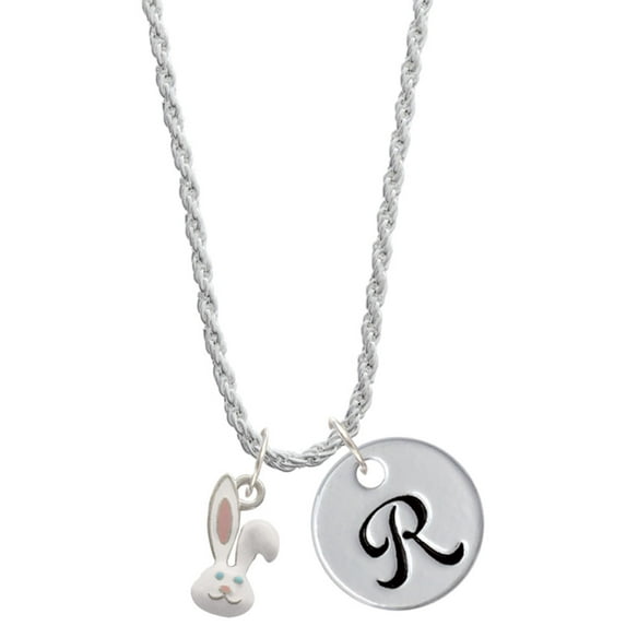 Delight Jewelry Silvertone Bunny Face Silvertone Script Initial Disc - R - Charm Necklace, 20"+3"
