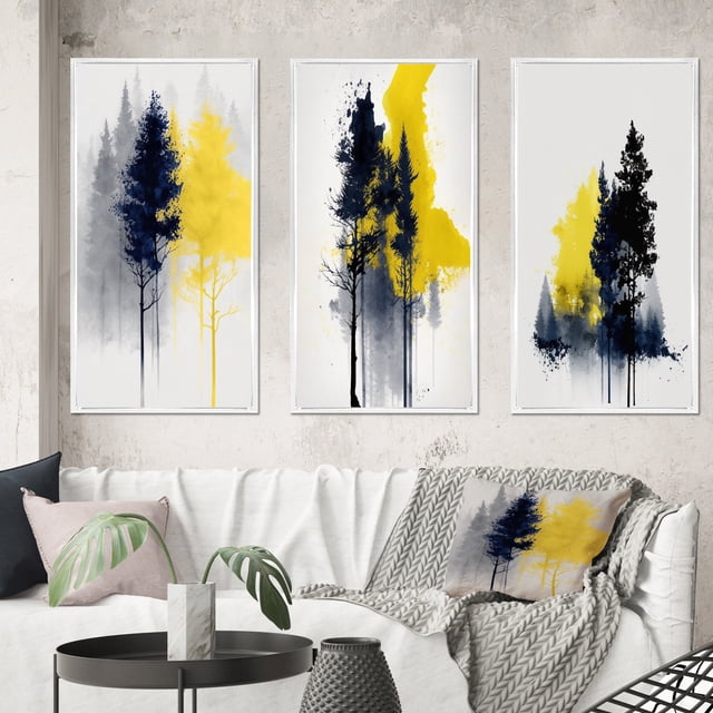 Designart "Majestic Forest Yellow III" Tree Framed Wall Art Set Of 3 - Yellow Tree Frame Gallery Wall Set For Home Decor