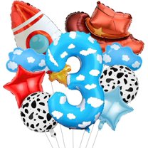 EP Toy Themed Decorations, 9pcs Cow Print Sky Blue Cloud Balloons with Rocket Balloon and Cowboy Hat Balloon for Kids Inspired Story 3rd Birthday Party Decorations (3rd)