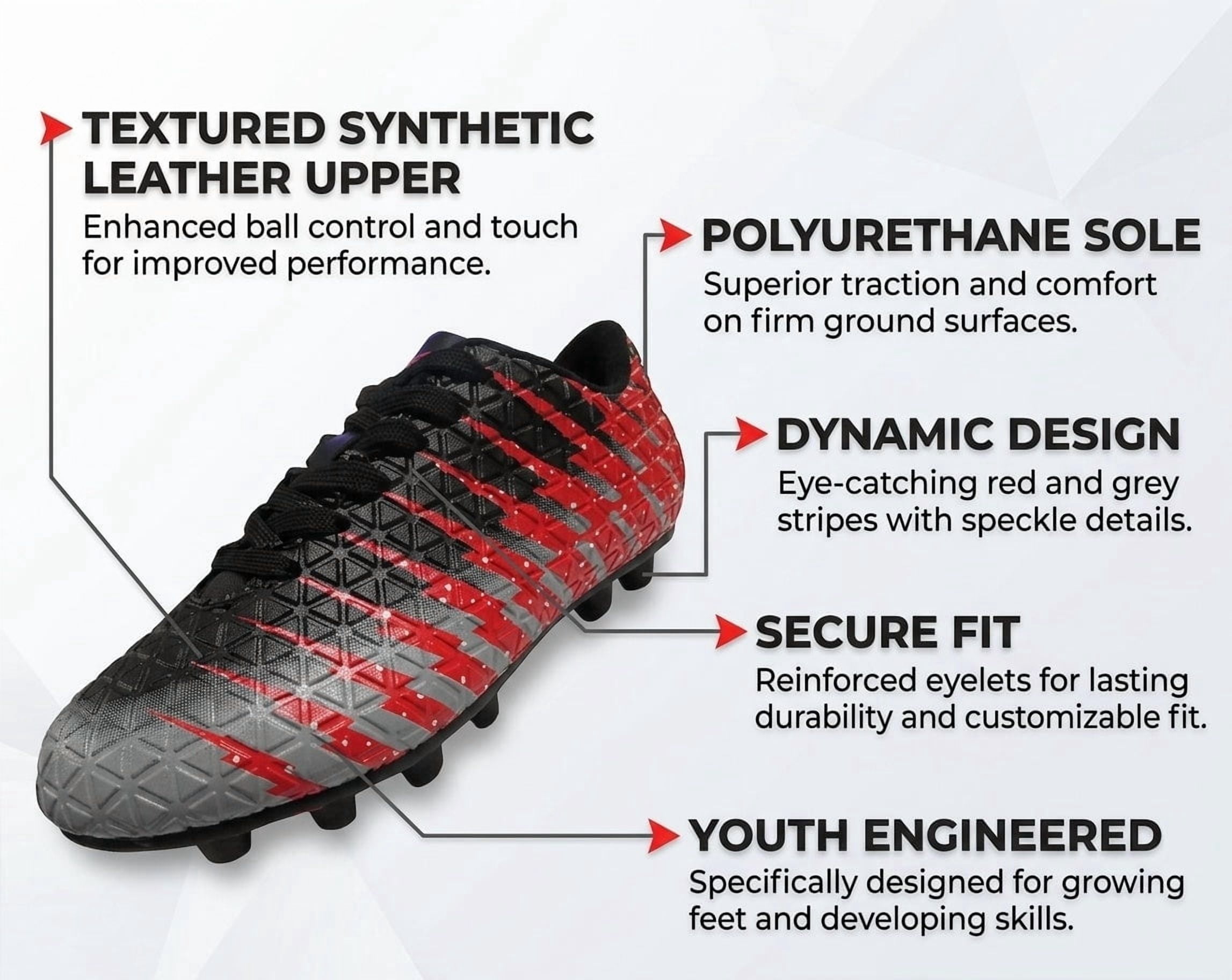 Vizari Bolt Firm Ground Soccer Cleats for Kids – Durable, Comfortable, and Stylish Boys and Girls Soccer Shoes with Traction - Black/red, 5.5