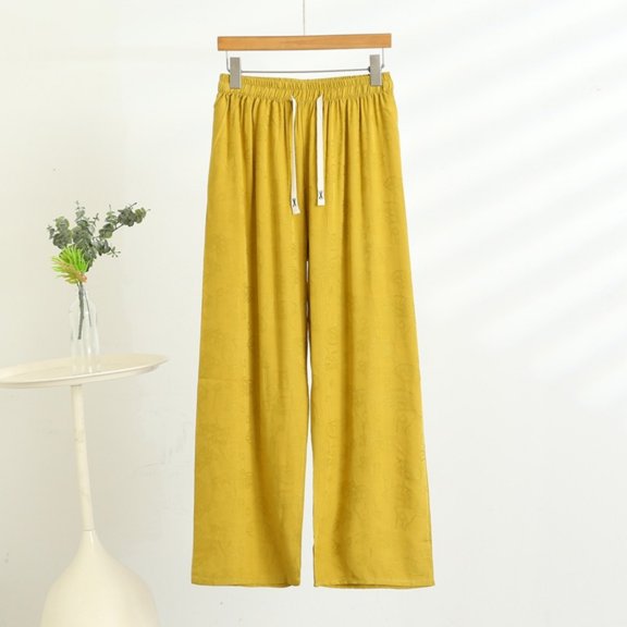 Cagogo Womens Drawstring Wide Leg Pants Plus Size Elastic Waist Loose Flowy Long Trousers Casual Beach Work Lounge Palazzo Pants, Yellow 3XL