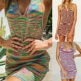 thumbnail image 4 of Womens Sexy Halter V-Neck Backless Knitted Bodycon Mini Dress Rainbow Striped Package Hip Beach Sundress Party Clubwear, 4 of 19