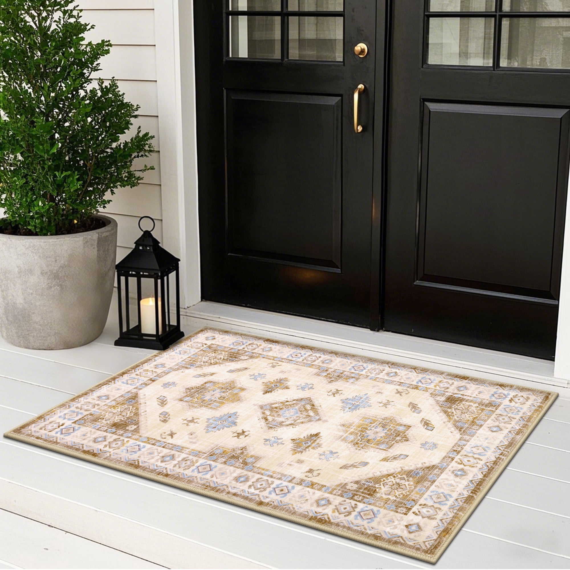 MeyJey Oriental Indoor Area Rug 2'x3' Non-Slip Machine Washable Vintage Distressed Floor Carpet for Living Room Bedroom Dining Kitchen Hallway, Beige/Brown