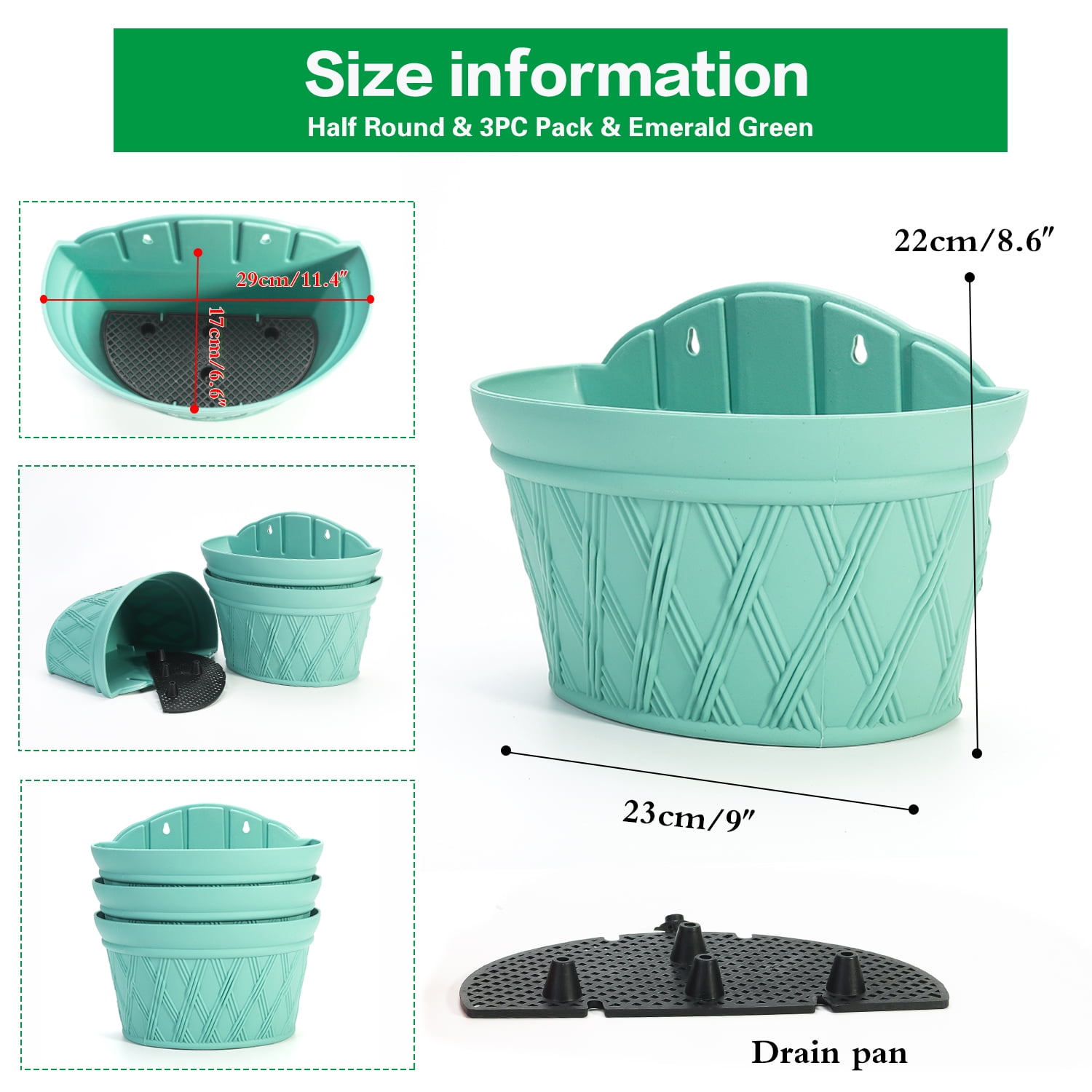 Sungmor Quality Plastic Wall Hanging Planter - Semicircle & 3PC Pack & Green - Indoor Outdoor Home Garden Balcony Railing Fence Hanging Pots - Wall Mounted Planting Pot Plants Container