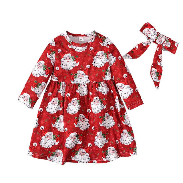 Tenue de Noël pour Nouveau-Né Fille Robe à Manches Longues avec Bandeau Ensemble de Vêtements d'Automne 2 Pcs Rouge