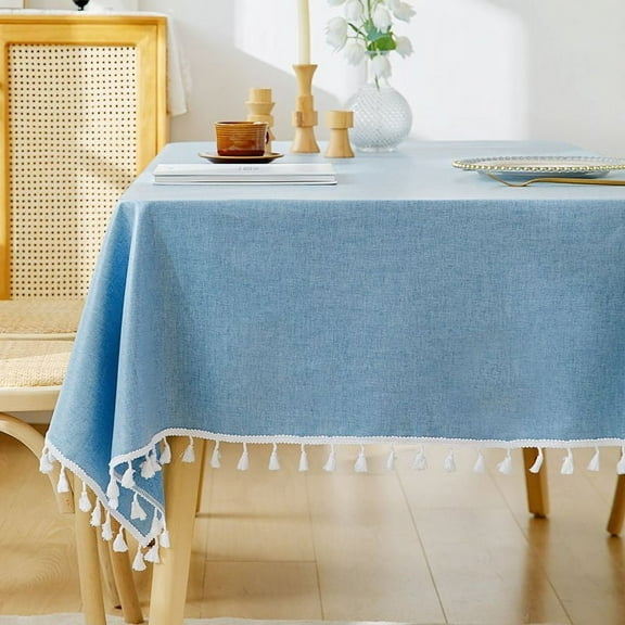 XmhyTop Washable Cotton Linen Tablecloths Dust-Proof Table Cover Fabric Tassel Tablecloth for Kitchen Dinning Tabletop Home Decoration Everyday Use (Rectangle/Oblong, 55 x 86.6Inch, Linen,Blue)