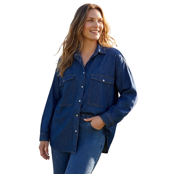 Woman Within Plus Size Snap Front 4-Pocket Denim Big Shirt