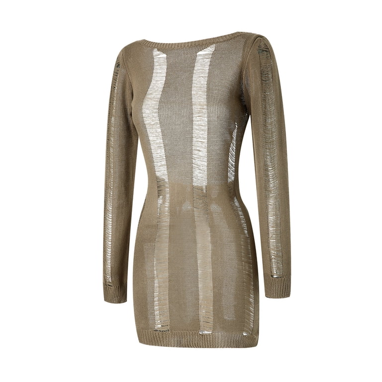 Women knitted Ripped Mini Dress Long Sleeve Backless Hollow Out Solid Color  O-Neck Destroyed Design Wild Fashion Sexy Dress - Walmart.com