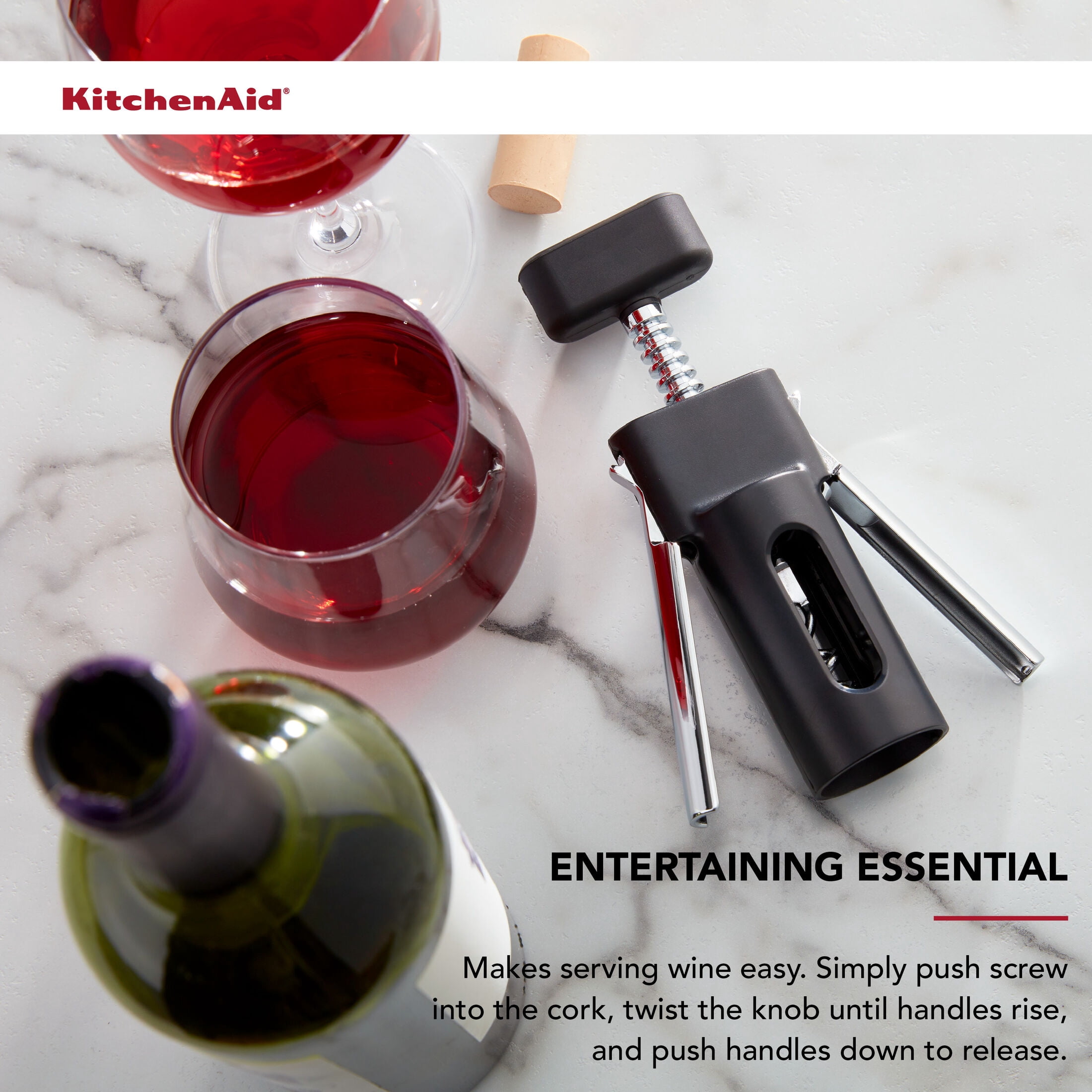KitchenAid Heavy Duty Corkscrew Wine Bottle Opener with Soft Grip, Black