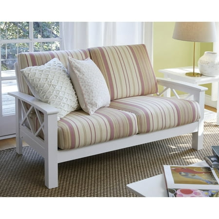 Handy Seat - Handy Living Virginia Pink Stripe X Design Loveseat with Exposed Wood Frame