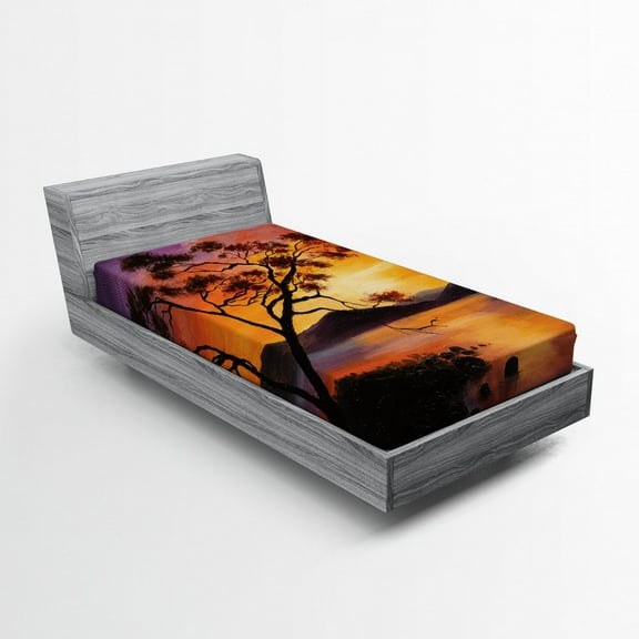 Ambesonne Landscape Fitted Sheet, River Mountain Sunset, Twin Size, Burnt Orange Purple