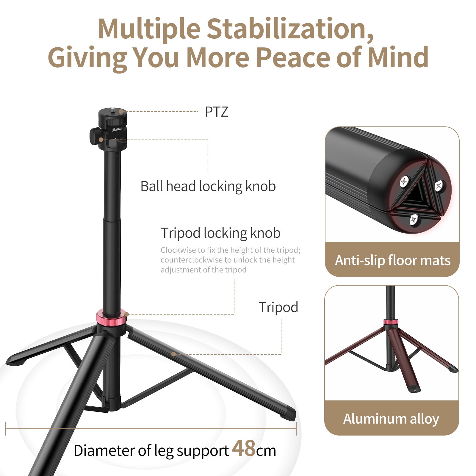 Ulanzi MT-79 Extendable Tripod Light Stand with 1/4" Screw, Adjustable 180° Aluminum Tripod for DSLR Cameras, Smartphones, Action Cameras, and LED Fill Lights, Portable 39–207cm Stand
