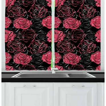 Ambesonne Floral Kitchen Curtains, Ombre Rose Blooom Art, 55"x39", Charcoal Grey Magenta