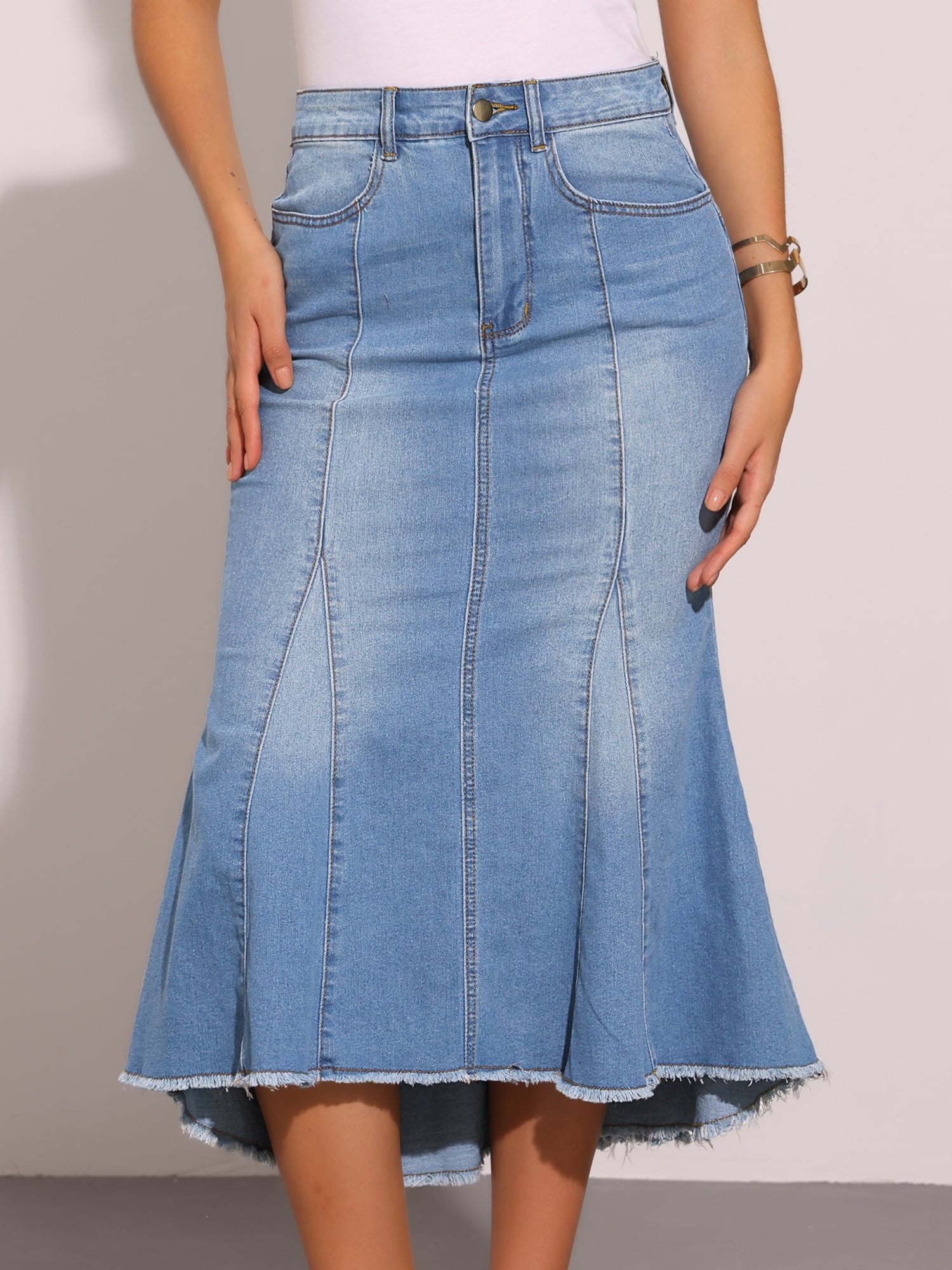 DARING DIVA Women's Raw Hem Fishtail Midi Skirt with Pockets XL Light Blue