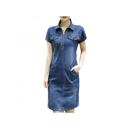Lavaport M-4XL Women's Summer Vintage V-Neck Short Sleeve Denim Dress with Pocket