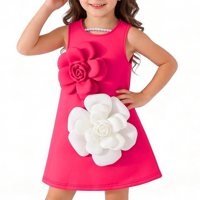 Falda de verano sin mangas con flores rojas y blancas para niñas, vestido de fiesta y exterior, falda hasta la rodilla, top de poliéster para niñas