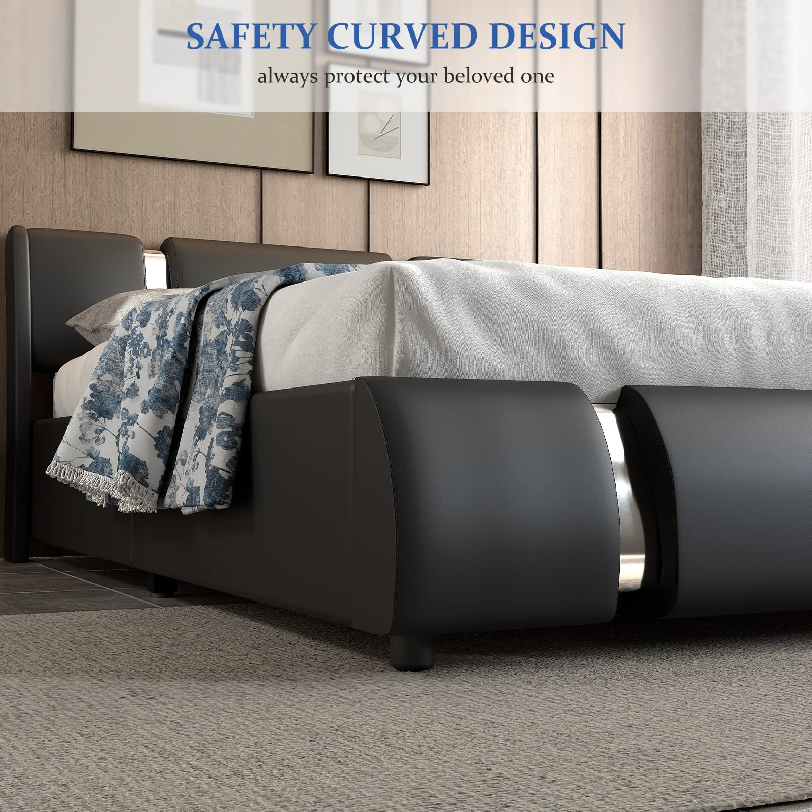 Queen Size Bed Frame with LED Light Headboard, Modern Faux Leather Platform Bed Frame Deluxe Upholstered Bed with Curved Backrest