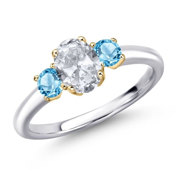 Gem Stone King 925 Silver and 10K Yellow Gold White Topaz and Swiss Blue Topaz Engagement Ring for Women | 1.40 Cttw | Oval 7X5MM | Gemstone November Birthstone | Size 9