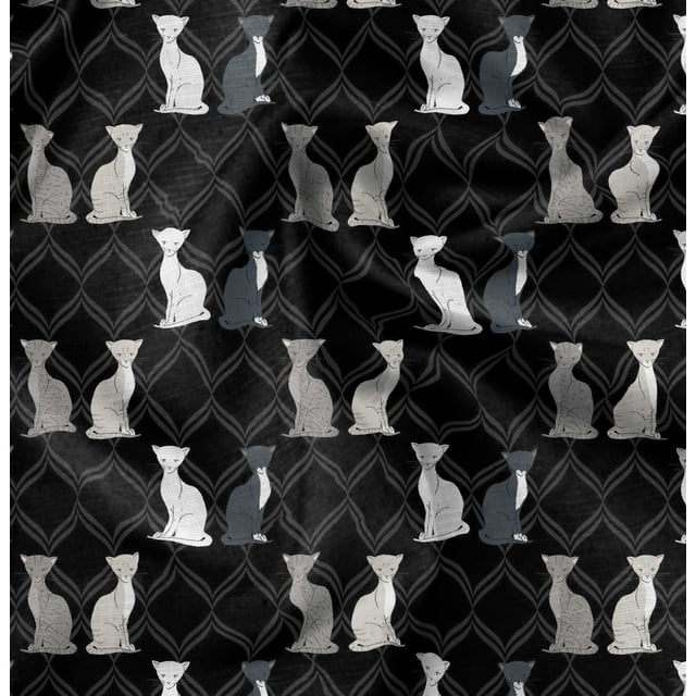 Soimoi Black Rayon Fabric Quatrefoil Cat Animal Fabric Prints by Yard 42 Inch Wide