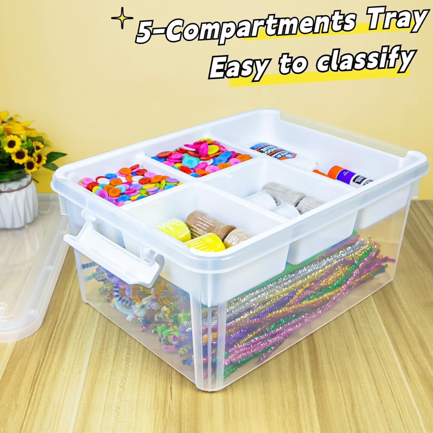 Creahaus 17 Quart Plastic Storage Box with Removable Tray Durable Craft Organizers and Stackable Container for Organizing Bead, Art, Sewing, Playdoh (Clear)