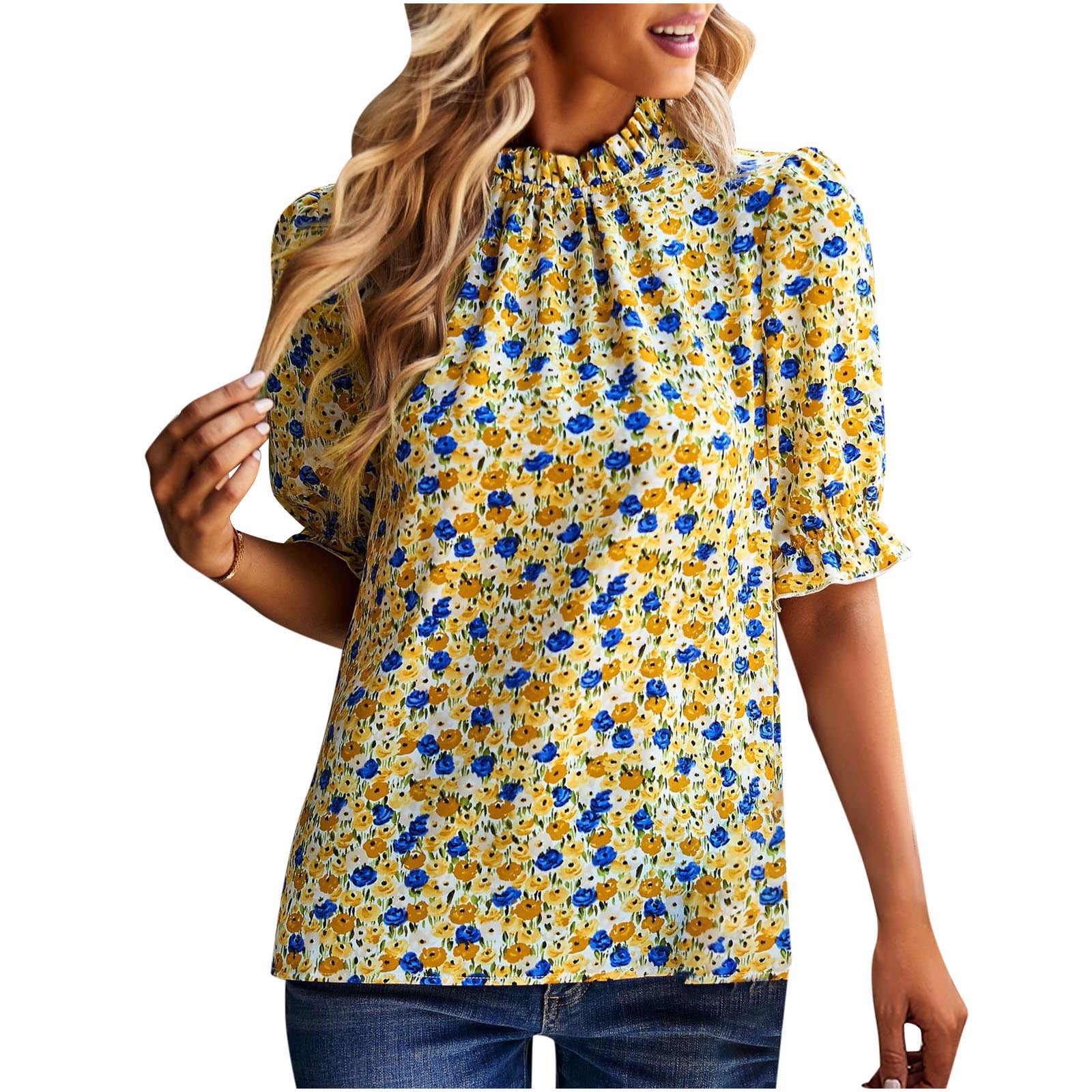 Women s Summer Boho Shirt Top Ruffle Short Sleeve Frill Trim Mock Neck Floral Print Casual Blouses Shirts Tops Tunics