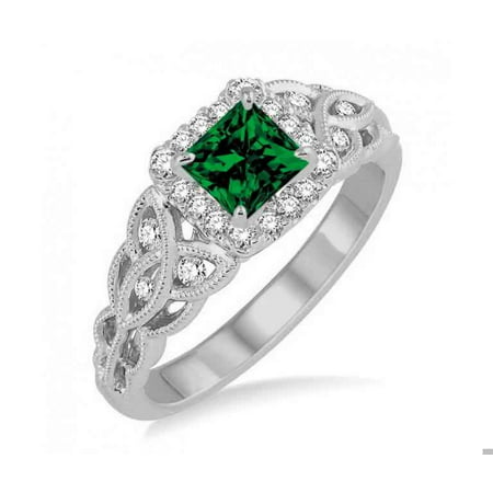 Antique 1.25 Carat Princess cut Emerald and Diamond Wedding Ring in 10k White Gold affordable emerald and diamond engagement