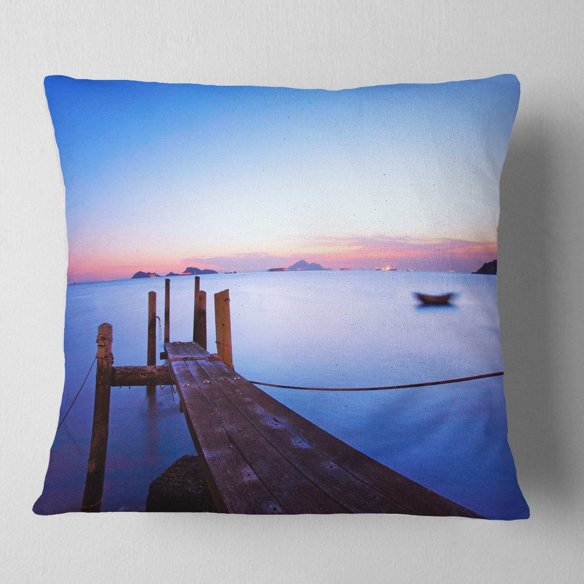 Designart Wooden Pier at Dusk - Seascape Photography Throw Pillow - 16x16