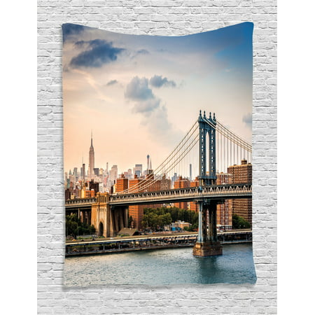 Nyc Decor Wall Hanging Tapestry, Manhattan Bridge And The New York Skyline At Sunset East River Highrise Buildings Iconic Sites, Bedroom Living Room Dorm Accessories, By