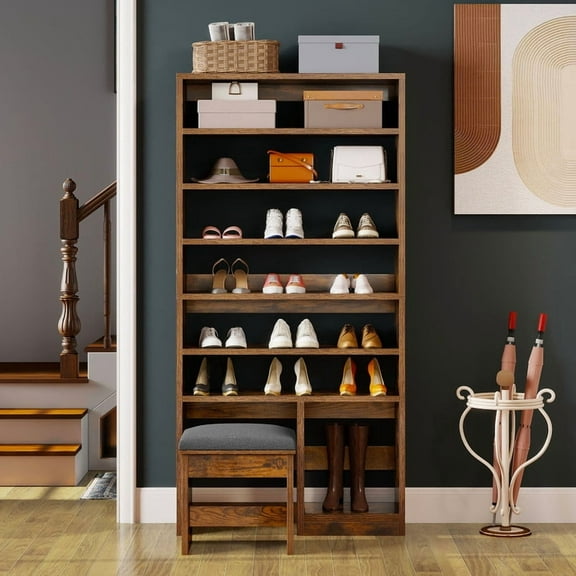 UFORIC 8-Tier Shoe Cabinet with Bench, 70.9" Tall Open Shoe Storage for Entryway, Brown
