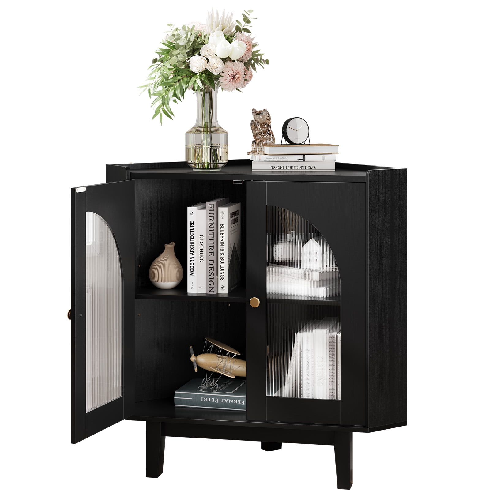 Vividwood Floor Corner Cabinet with Doors and Shelves, Fluted Storage Cabinet Freestanding Corner Cabinet for Bathroom, Kitchen, Living Room, Black