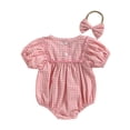 thumbnail image 3 of Staki Toddler Baby Girl Clothes Summer Smocked Bubble Romper Embroidery Onesie Short Sleeve Bodysuit Cute Outfits 0-18M(Watermelon Red,6-12 Months), 3 of 9